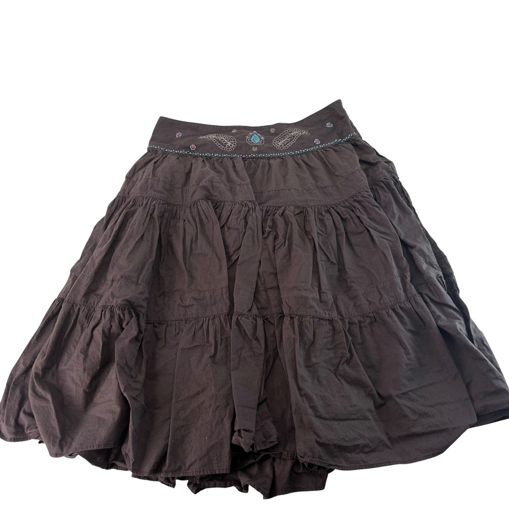 Mixit Brown Cotton Tiered Midi Skirt Embroidered Beaded Waist Boho Womens Size 6